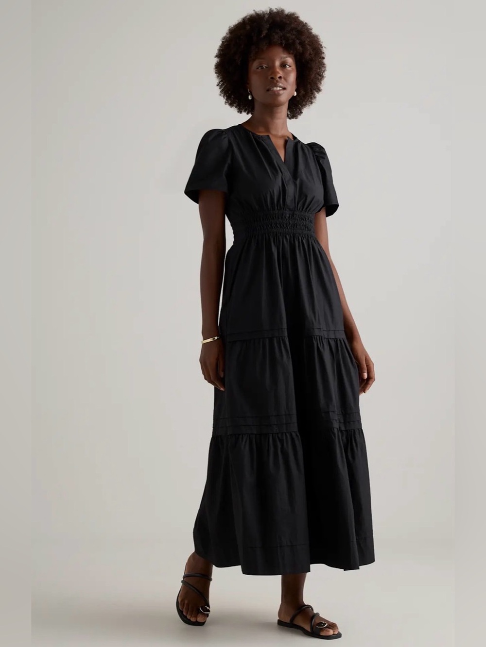 Quince 100% Organic Cotton Poplin Tiered Maxi Dress – Medium (Black)